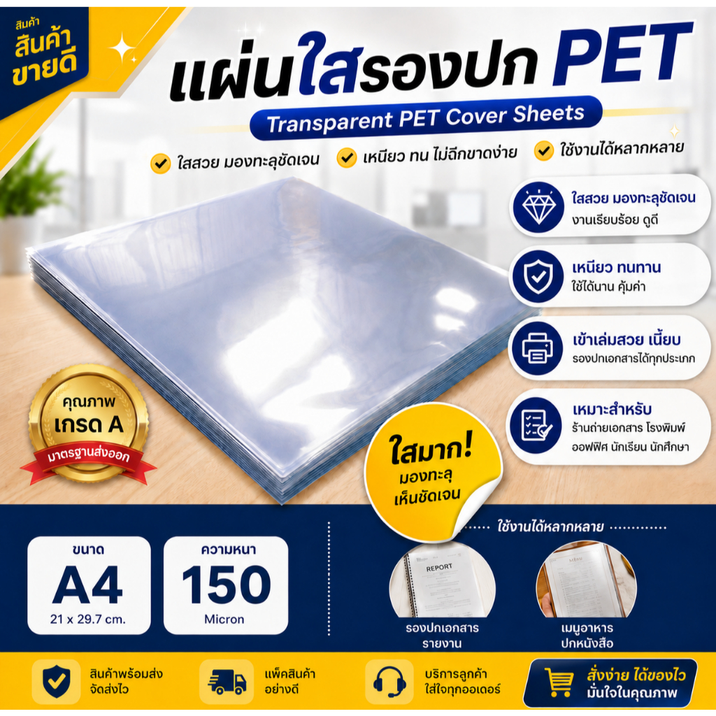 แผ่นใส ปกพลาสติก PET (100 แผ่น,50แผ่น) ขนาด A4 (210 x 297 มม.) หนา 150 ไมครอน