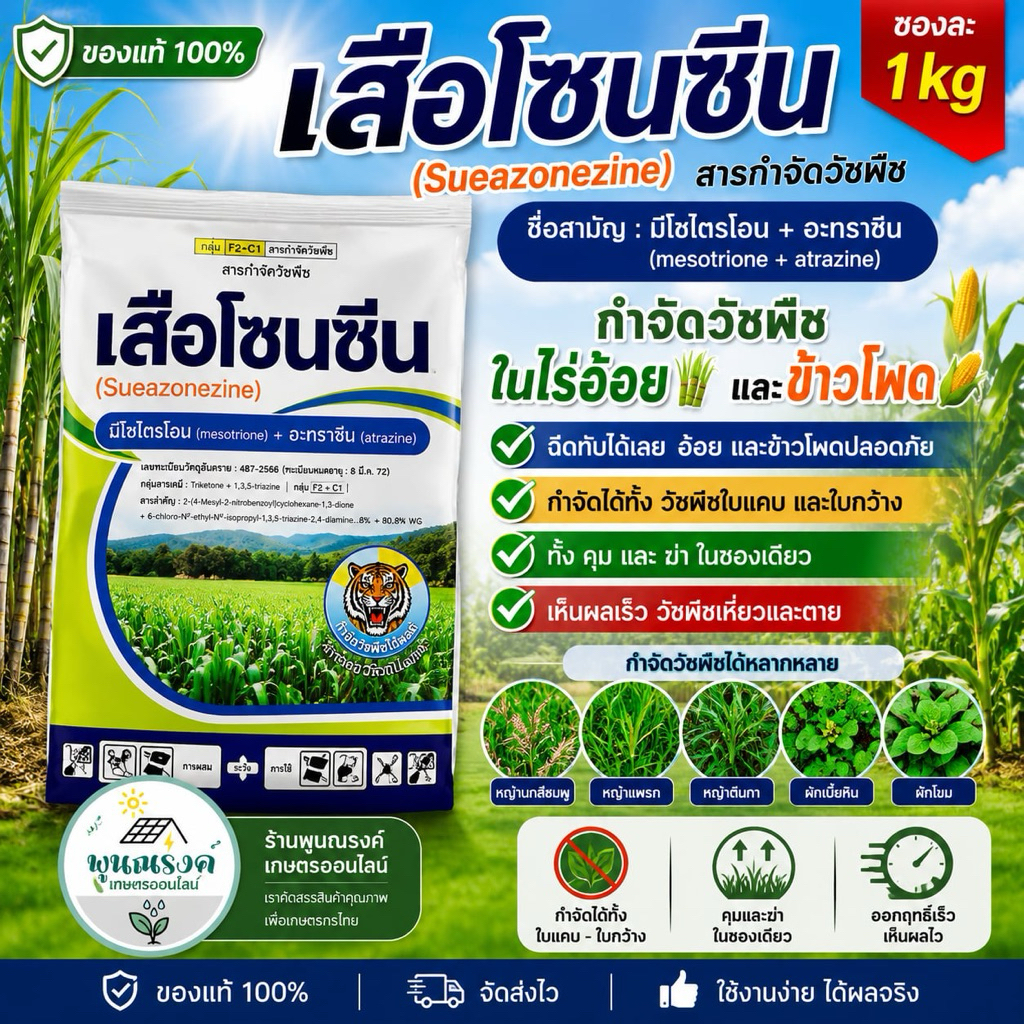 หัวเสือลูกโลก เสือโซนซีน ขนาด 1 กก. มีโซไตรโอน+อะทราซีน  คุมฆ่าวัชพืชใบแคบใบกว้าง ฉีดทับ อ้อย ข้าวโพด พูนณรงค์