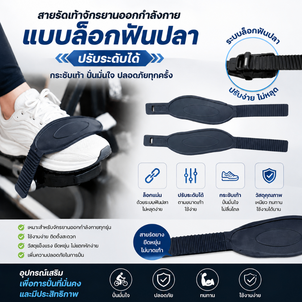 สายรัดเท้าจักรยานฟิตเนส แบบล็อกฟันปลา