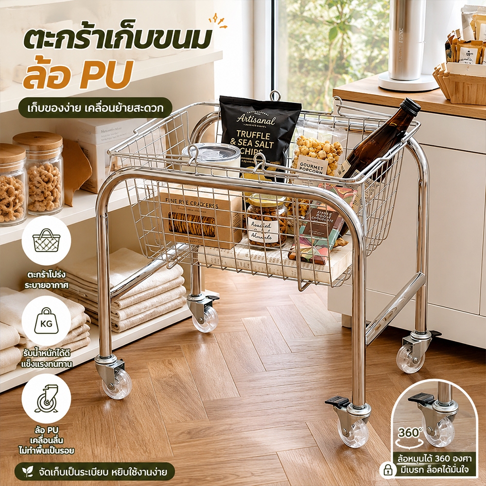 ตะกร้าเก็บขนม รถเข็นเก็บของอเนกประสงค์ รับน้ำหนักสูง ล้อเลื่อน จุเยอะ ชั้นวางหนังสือ โต๊ะกาแฟ