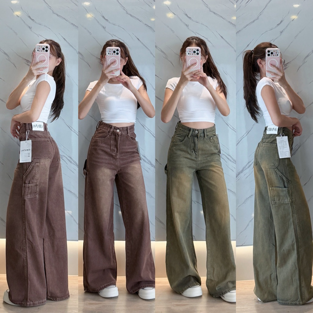 CHANA Baggy Jeans ทรงขาบาน สไตล์ทรงช่าง 8283 8511-1 เอวสูงผ้าไม่ยืด