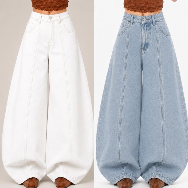 JINJEANS-(XS-9XL) รวมสีรุ่นมินิบอลลูนกางเกงยีนส์ทรงหลวม ขากว้างมาก ขาใหญ่สะโพกใหญ่ ใส่สบาย baggy barrel บอลลูน