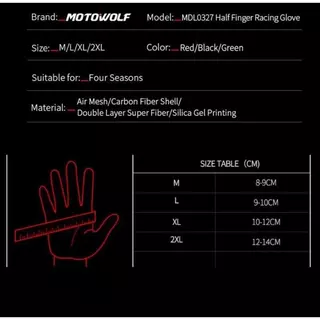 MOTOWOLF MDL 0327 Half Finger Racing Glove ถุงมือผ้าแบบครึ่งนิ้ว พร้อมการ์ดคาร์บอนเคฟล่า สำหรับขี่มอเตอร์ไซค์ จักรยาน