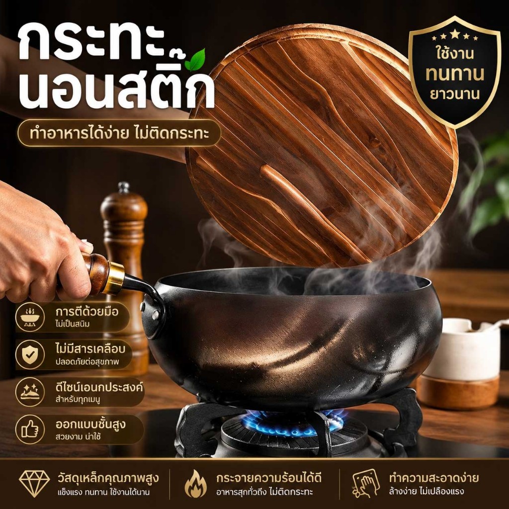 กระทะเหล็กคาร์บอนแท้ ไม่ติดกระทะ ไร้สารเคลือบ ก้นลึก ผัดทอดง่าย กระจายความร้อนเร็ว ใช้ได้ทุกเตา 24-28 ซม.
