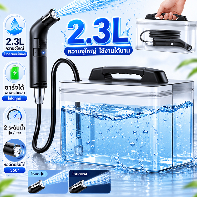 Portable Bidet เครื่องชำระล้างพกพาไฟฟ้า 2.3L ชาร์จ Type-C สุขอนามัยส่วนบุคคล เดินทาง แคมป์ปิ้ง กันน้ำ ใช้งานสะดวก