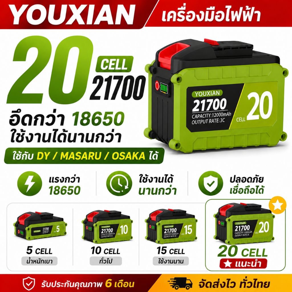 MASARU / OSUKA แบตเตอรี่ 21700 DY-21V 3C 10/15/20 เซลล์ | แบตเตอรี่ลิเธียม ความจุสูง ใช้งานได้นาน