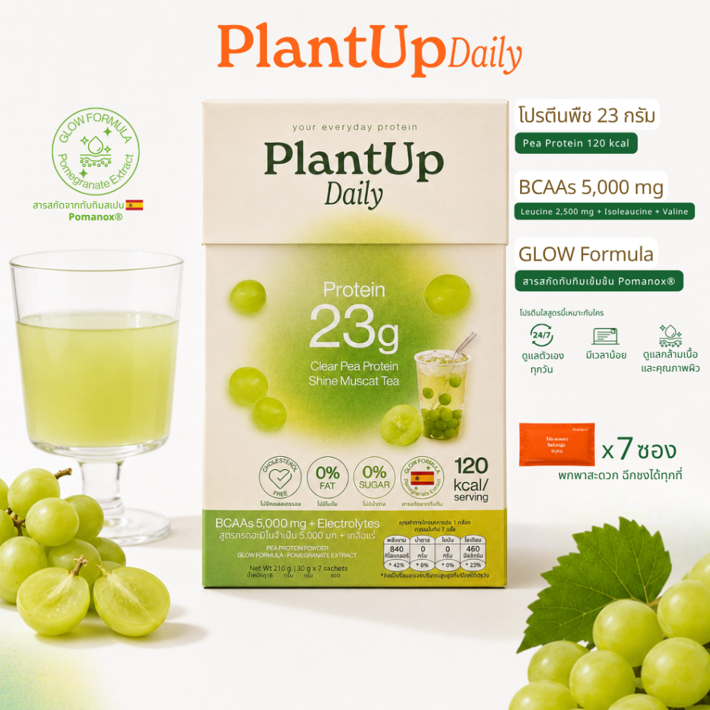 PlantUp Daily โปรตีนพืชใส Clear Pea Protein 23g รสชาองุ่นมัสคัส GLOW FORMULA BCAAs 5000mg Pomanox 7 ซอง 210g