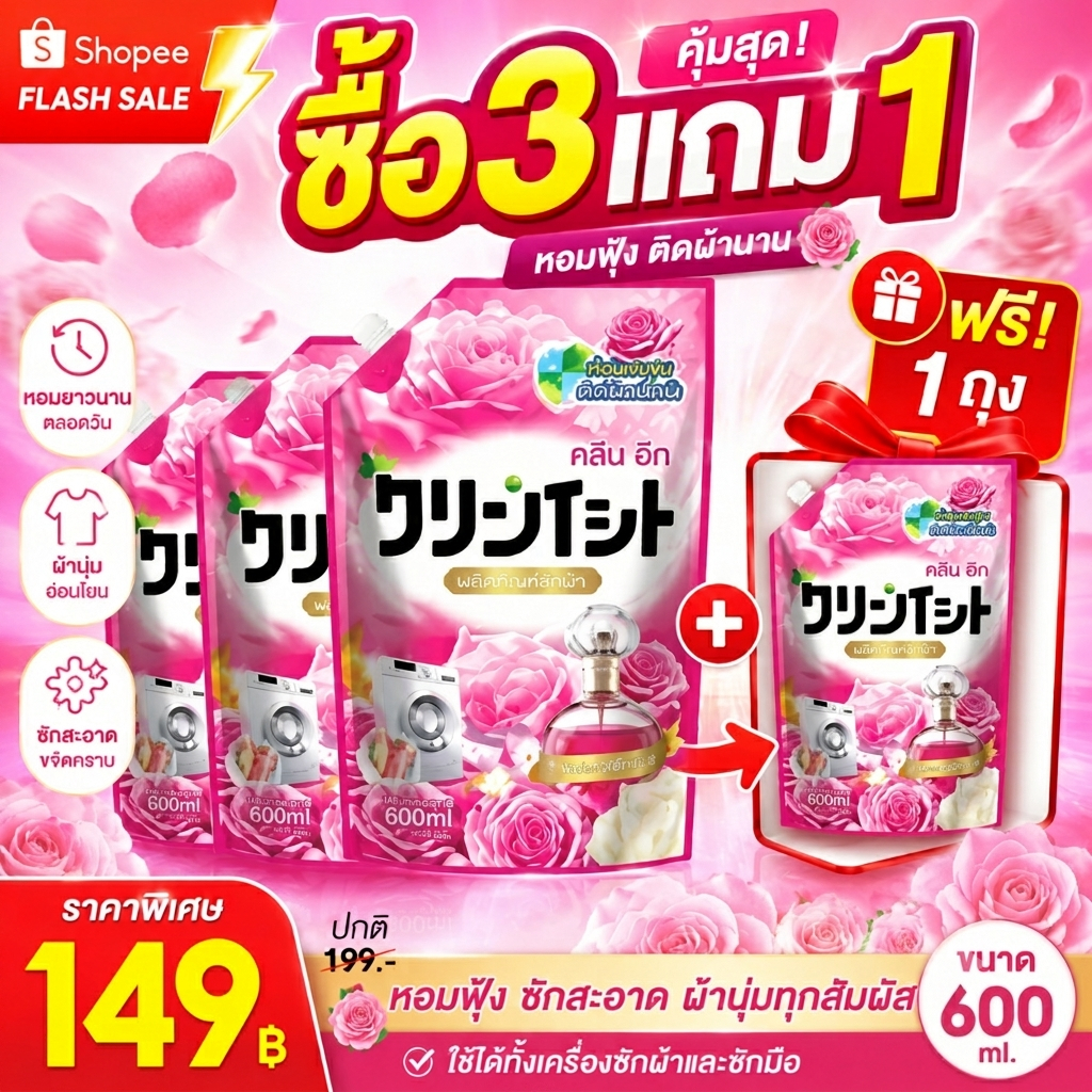 【ซื้อ3แถม1】【2.4L】น้ำยาซักผ้า Kleenit กลิ่นดอกไม้สูตร เข้มข้น หอมติดทนยาวนาน72ชั่วโมง ขจัดคราบสกปรกได้อย่างล้ำลึก