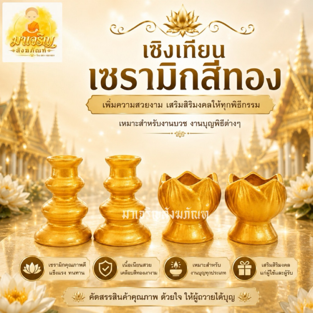 เชิงเทียนเซรามิกสีทอง (บรรจุ 1 คู่)