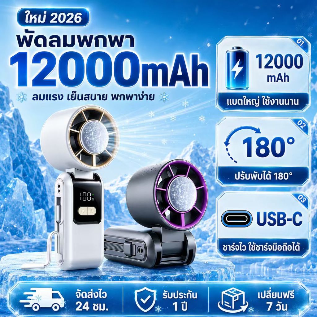 【รุ่นใหม่ 2026】พัดลมพกพาไอซ์คูล 12000mAh ชาร์จโทรศัพท์ได้ ทำความเย็นเร็ว พับได้ 180° จอ LED เงียบไม่รบกวน รับประกัน 1 ปี