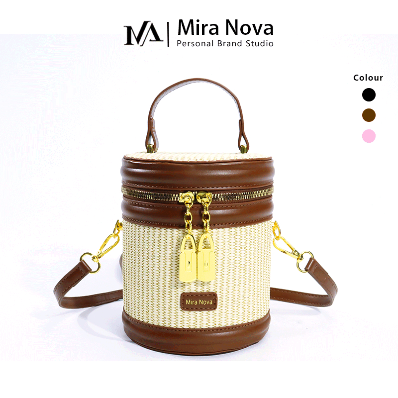 Mira Nova Bucket Bag กระเป๋าสะพายไหล่ผู้หญิง ความจุขนาดใหญ่ สีน้ำตาล กระเป๋าสะพายข้าง กระเป๋าผู้หญิง กระเป๋าหวาย 6009