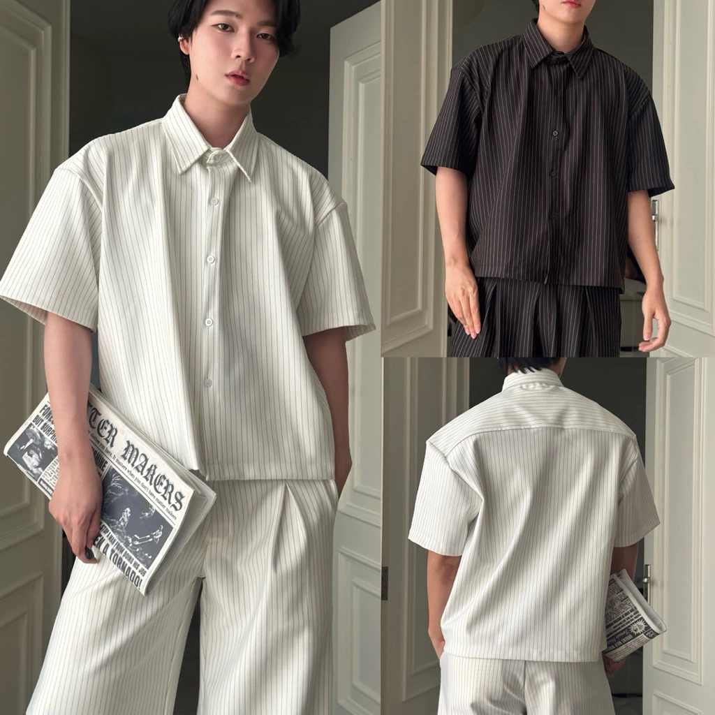 Pinstripe Shirts เสื้อเชิ้ตแขนสั้นลายทางผ้าหนาพรีเมี่ยมแบรนด์ Cozyvibe