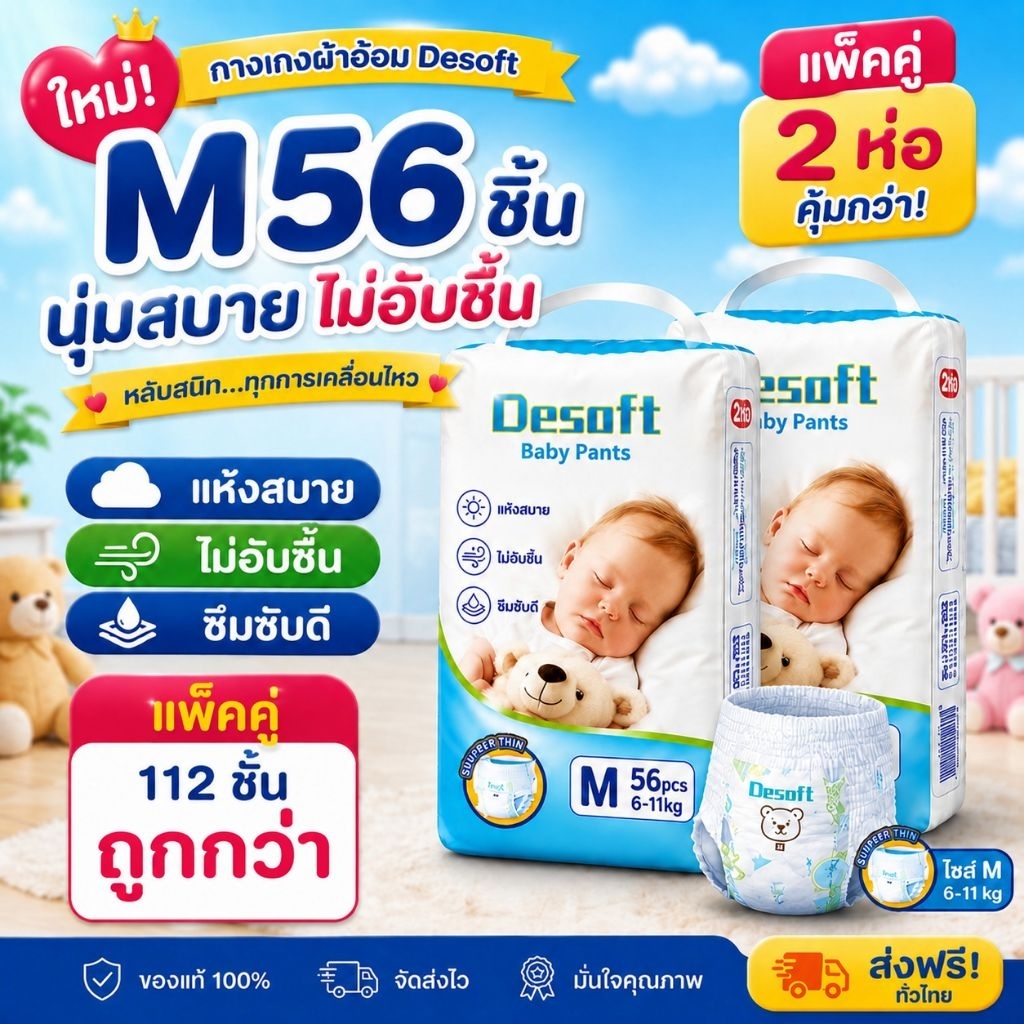 แพมเพิสเด็กไซส์ M Desoft Baby Pants ผ้าอ้อมเด็กไซส์ M แบบกางเกง  แพ็คคู่ 112 ชิ้น