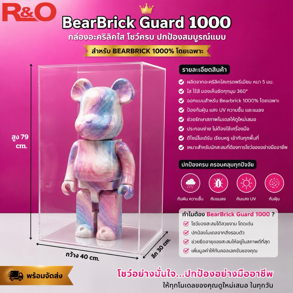 roacrylic กล่องอะคริลิค กล่องครอบโมเดล ฐานใส ขนาด 40x30x79 cm. กล่องใส่ Bearbrick 1000%
