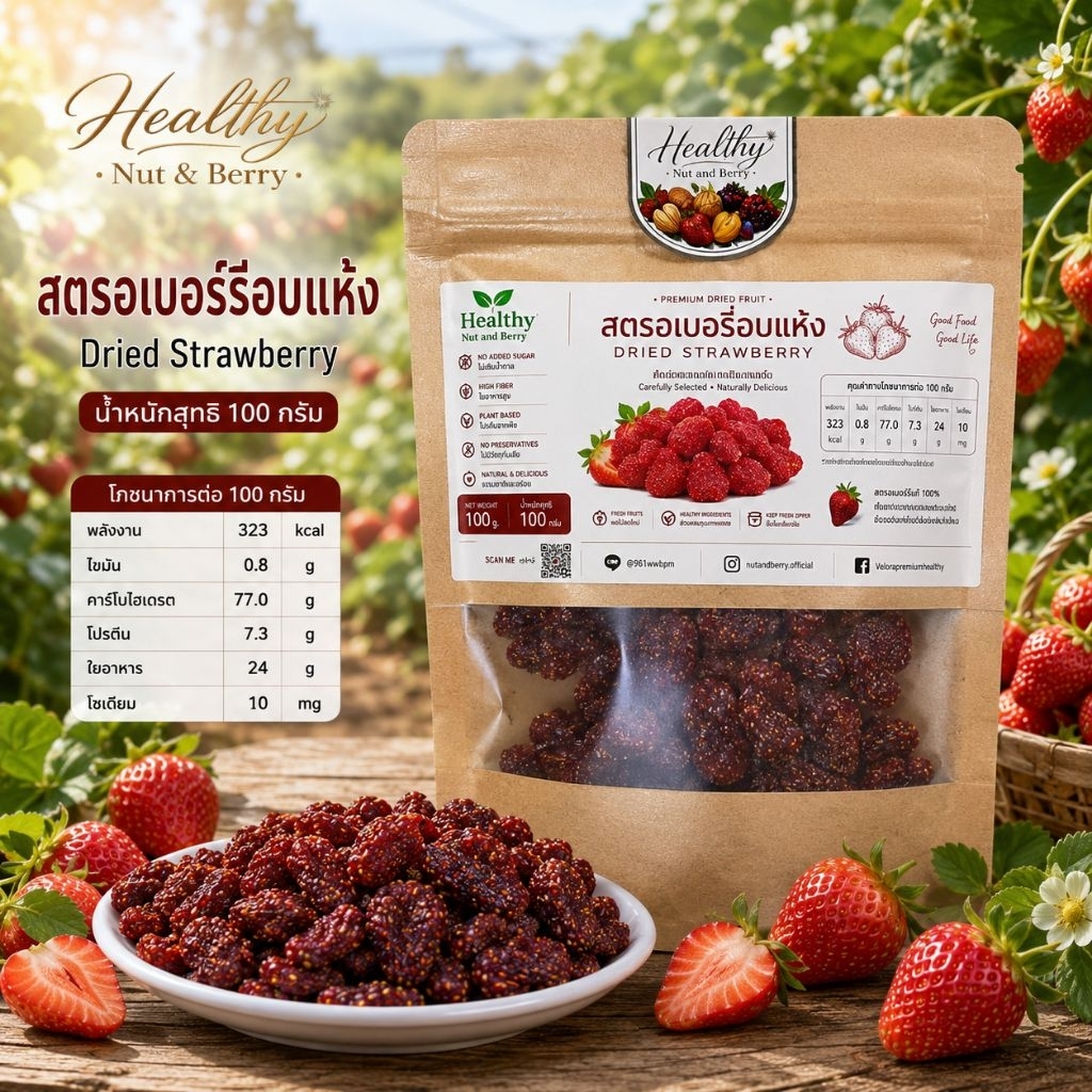 สตรอว์เบอร์รี่อบแห้ง 100 กรัม Healthy Nut and Berry  หอมหวาน เคี้ยวเพลิน พร้อมทาน
