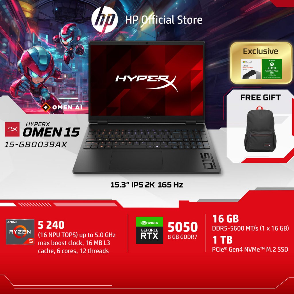 [ราคาเน้นๆ] HyperX OMEN | AMD Ryzen 5 240 | RTX 5050 | 16GB/1TB | 15.3" 2K 165Hz | Win11+MS24 | 2Yrs |15-gb0039AX