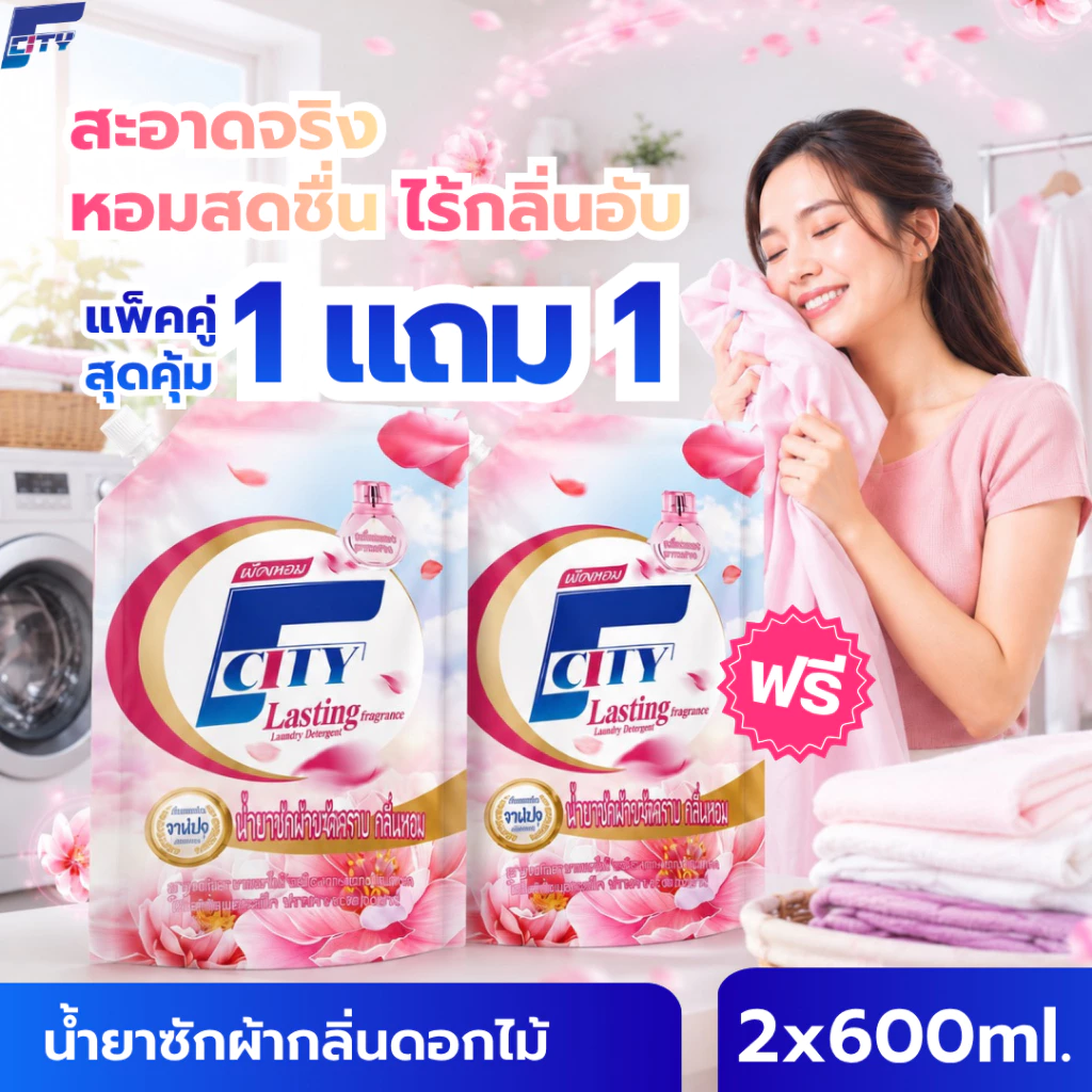 【ซื้อ1แถม1】【1.2L】น้ำยาซักผ้า F-City กลิ่นดอกไม้ หอมติดทนยาวนาน72ชั่วโมง ขจัดคราบสกปรกได้อย่างล้ำลึก