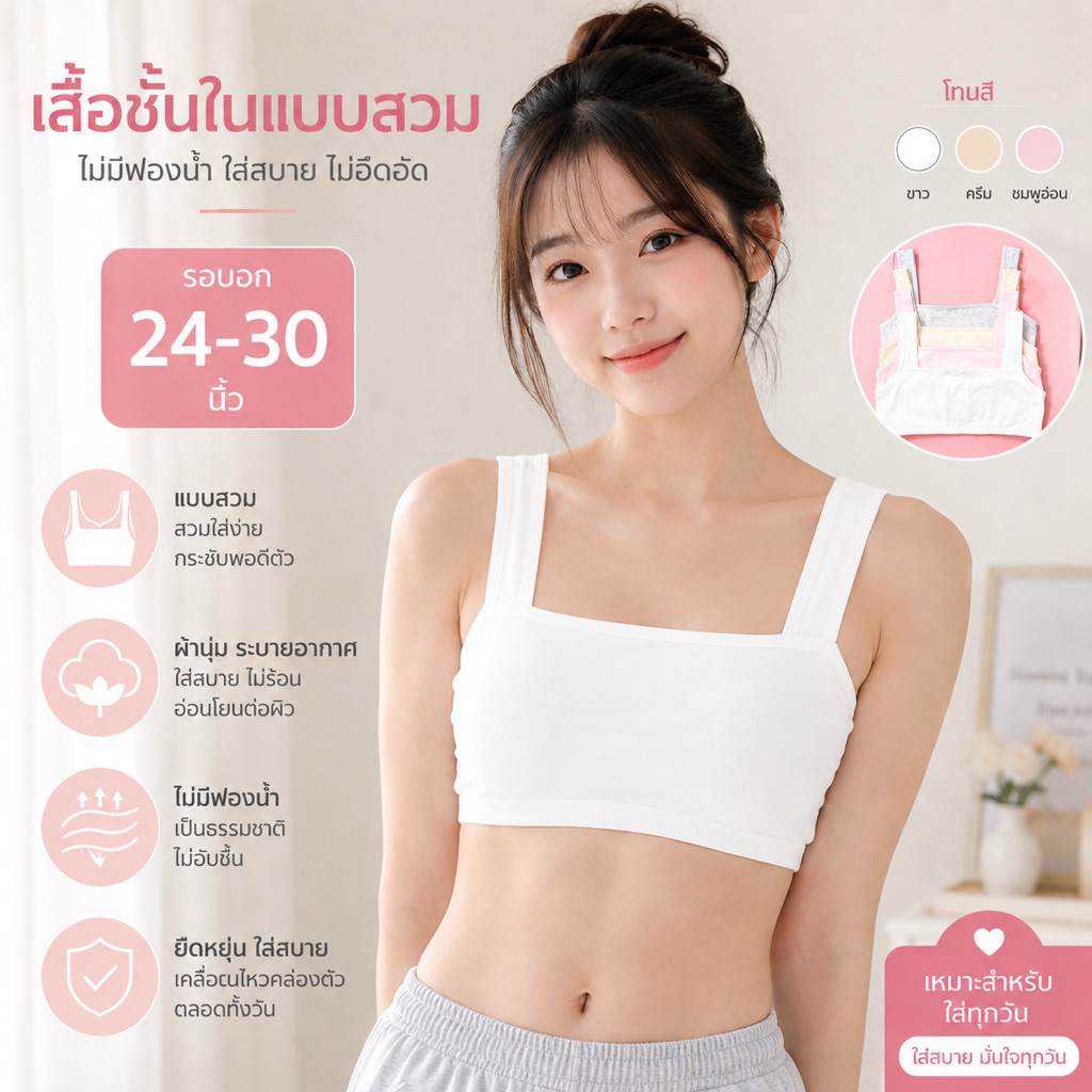 เสื้อชั้นในเด็กผู้หญิง นุ่มสบายแบบสวม ไม่มีฟองน้ำ รอบอก 24-30นิ้ว