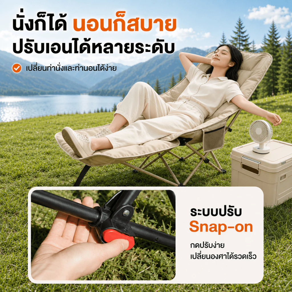 เก้าอี้แคมป์ปิ้งพับได้ บุผ้าฝ้าย เอนนอนได้ รับน้ำหนัก 200KG thumbnail 3