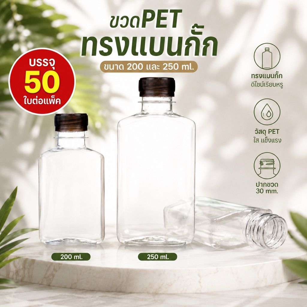 (50 ขวด) ขวดพลาสติก PET ทรงแบนกั๊ก