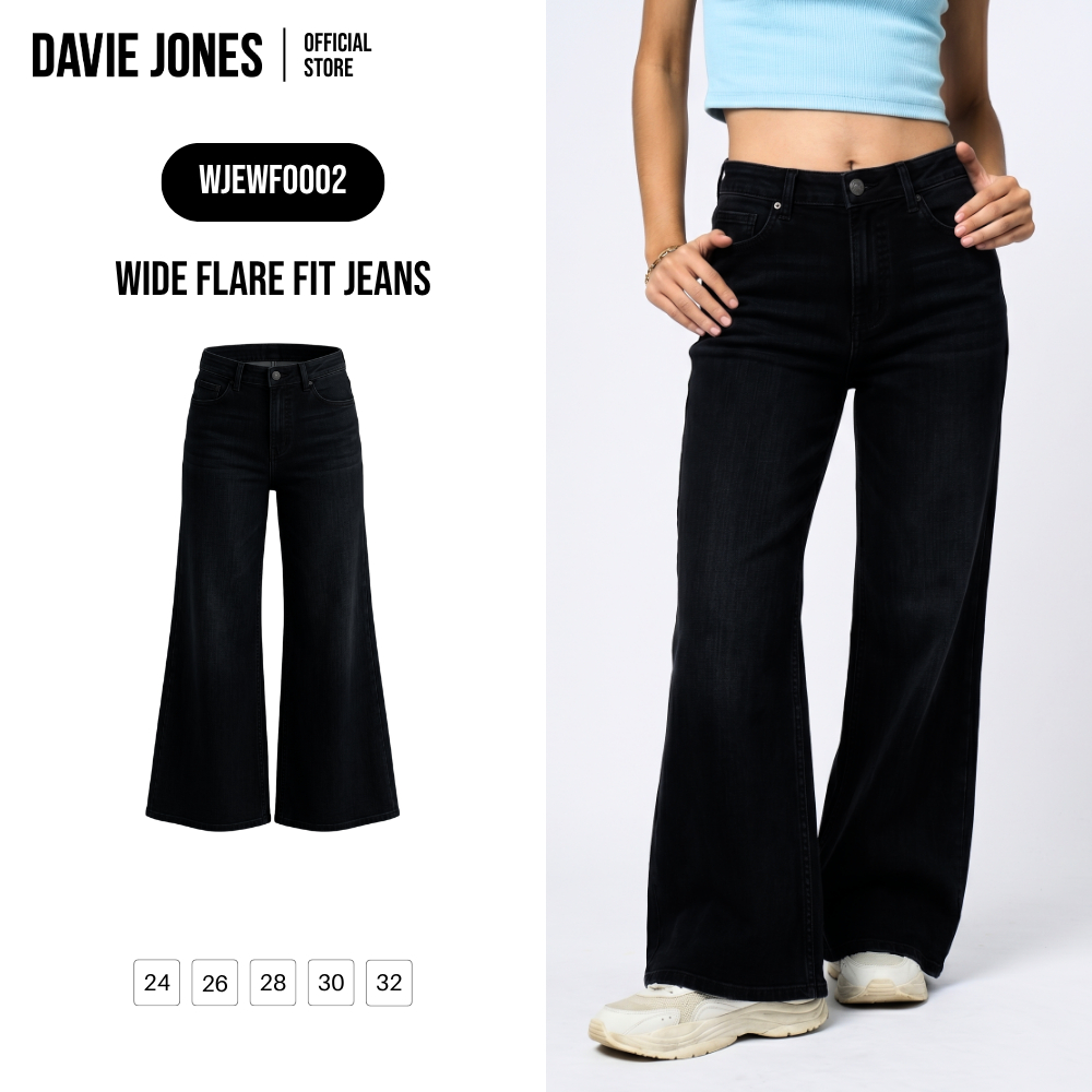DAVIE JONES [BE FEARLESS] กางเกงยีนส์ Wide Flare Fit Jeans สีดำ WF0002
