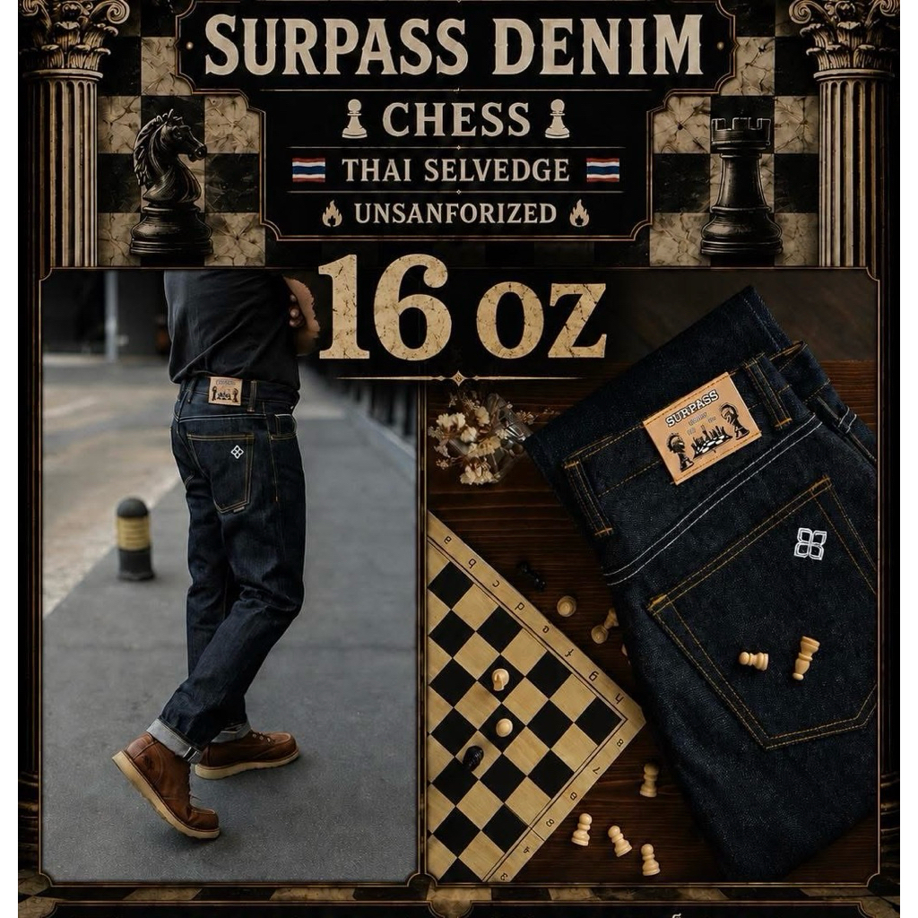 Surpass Denim16oz♟️ Chess (หมากรุก )ผ้าดิบ 16 oz สี Dark blueมีทรงกะบอกตรงstraightและกะบอกเล็ก