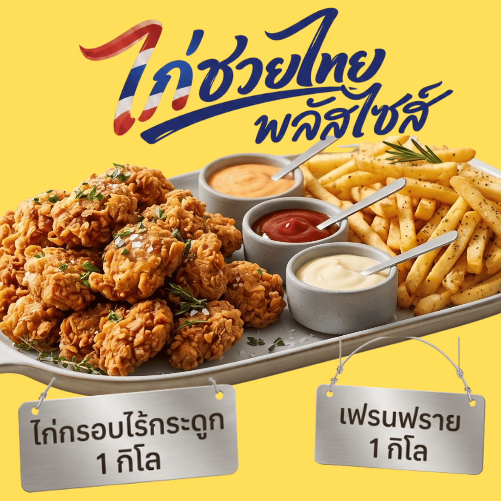 2 กิโลเซตไทยช่วยไทย พลัสไซส์  ไก่กรอบไร้กระดูก 1kg + เฟรนช์ฟรายส์ 1kg พร้อมทอด