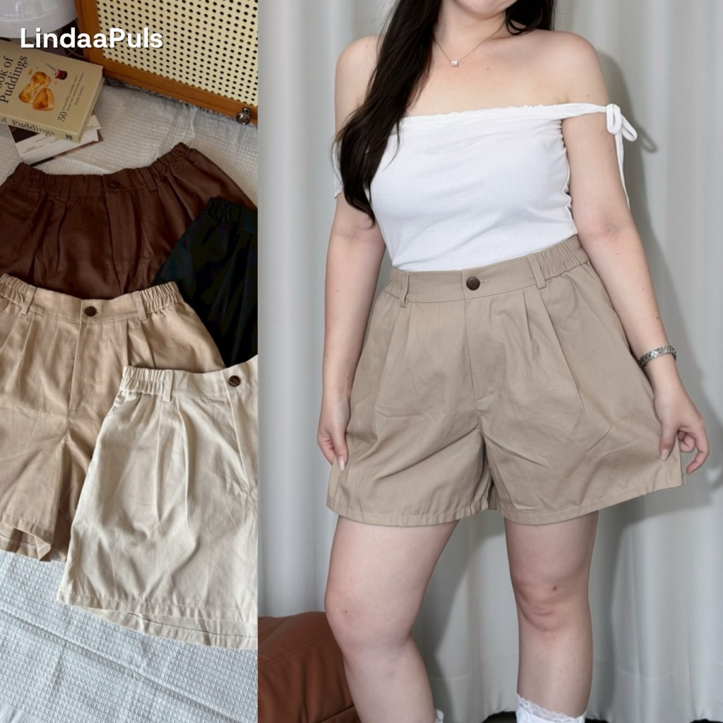 LindaaPlus-- กางเกงขาสั้นแต่งจีบหน้าสาวอวบอ้วน 🧸แต่งกระดุมไม้ ผ้าคอตตอนใส่สบาย ทรงขากว้าง เอวได้ถึง 48 นิ้ว