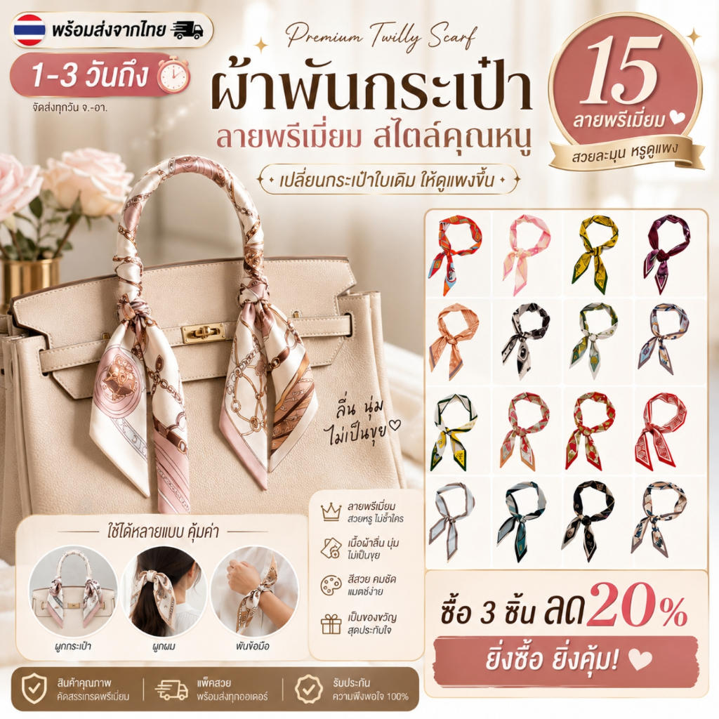 พร้อมส่ง 1–3 วัน ผ้าพันกระเป๋าลายพรีเมี่ยม ผ้าพันหูกระเป๋า Twilly Scarf ผ้าผูกหูกระเป๋า ขนาด 90 ซม. A0014