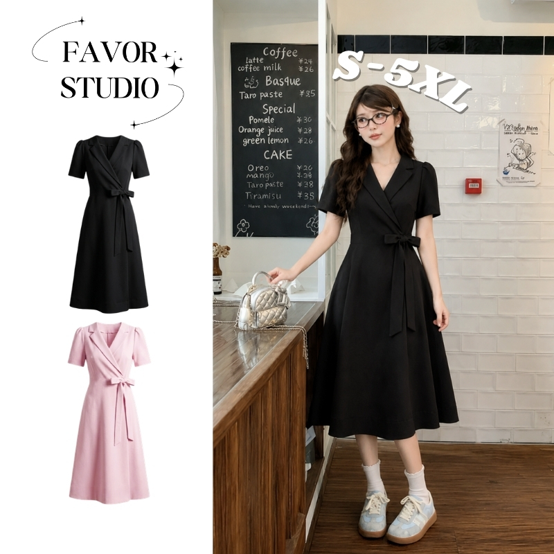 ใหม่❗【S-5XL】EVIOVIO เดรสยาวคอวีปกป้ายหรู ดีไซน์เอวโบว์ สไตล์เกาหลี ชุดสุภาพ ชุดออกงาน เดรสสาวอวบ พร้อมส่ง