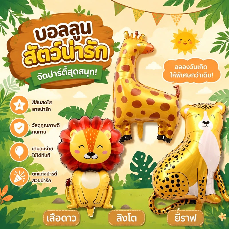 ส่งจากไทย บอลลูนสัตว์ป่า ยีราฟ สิงโต เสือดาว ตกแต่งปาร์ตี้วันเกิด สีสันสดใส น่ารักมาก