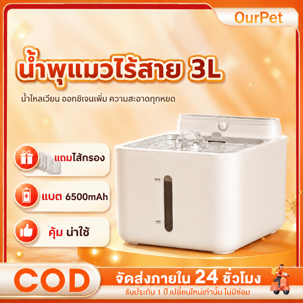 [รับประกัน 2ปี] Smart น้ำพุแมวไร้สายอัตโนมัติ แบตเตอรี่6500mAh ระบบเซนเซอร์ แถมไส้กรอง+อุปกรณ์ทำความสะอาด พร้อมส่ง