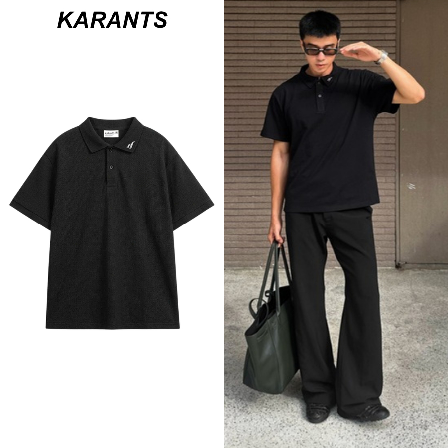 [เคลียร์สต็อก] Karants เสื้อ Polo Oversize ผ้า Cotton Pique ติดแถบโลหะ สีพื้น สำหรับผู้ชายและผู้หญิง - KR404