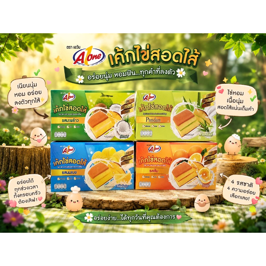เค้กไข่สอดไส้ ตรา A one หอม แป้งนุ่ม อร่อย มี 4 รสชาติ นม,มะพร้าว,ส้ม,ใบเตย (1กล่อง 12ซอง)