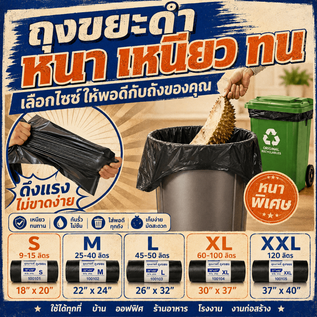 ถุงขยะดำ ถุงดำใบใหญ่ 18x20  นิ้ว หนาเหนียวพิเศษ ไม่รั่วซึม ไร้กลิ่น ถุงขยะราคาถูก ราคาโรงงาน