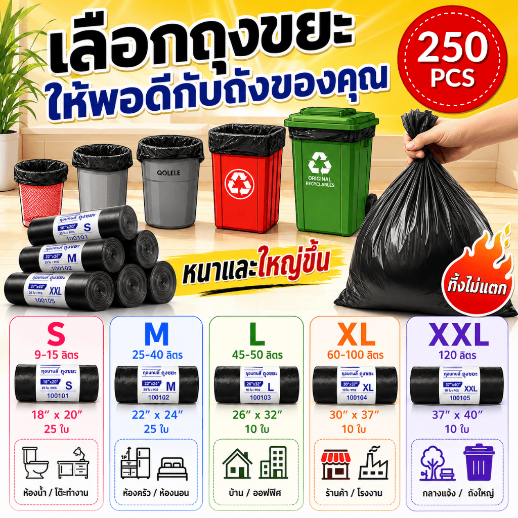ถุงขยะดำ 26x32 นิ้ว หนาพิเศษ เหนียวทน ไม่รั่วซึม ใช้ได้ทั้งขยะเปียกและแห้ง สำหรับบ้าน ห้องครัว สำนักงาน