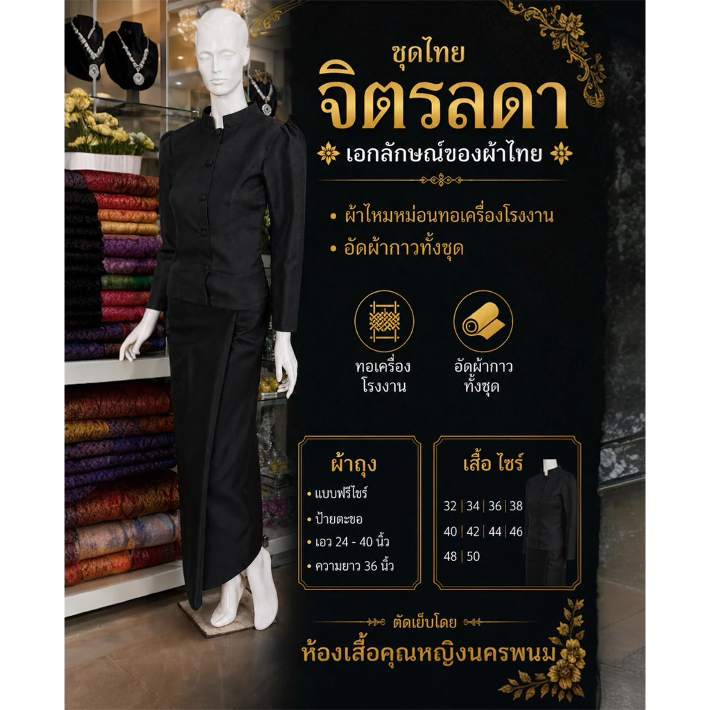 ชุดไทยจิตรลดา&ไทยเรือนต้น +ผ้าถุงฟรีไชร์ป้ายตะขอสีดำผ้าไหมหม่อนอัดผ้ากาวทั้งชุดงานสวยเย็บละเอียดมาก
