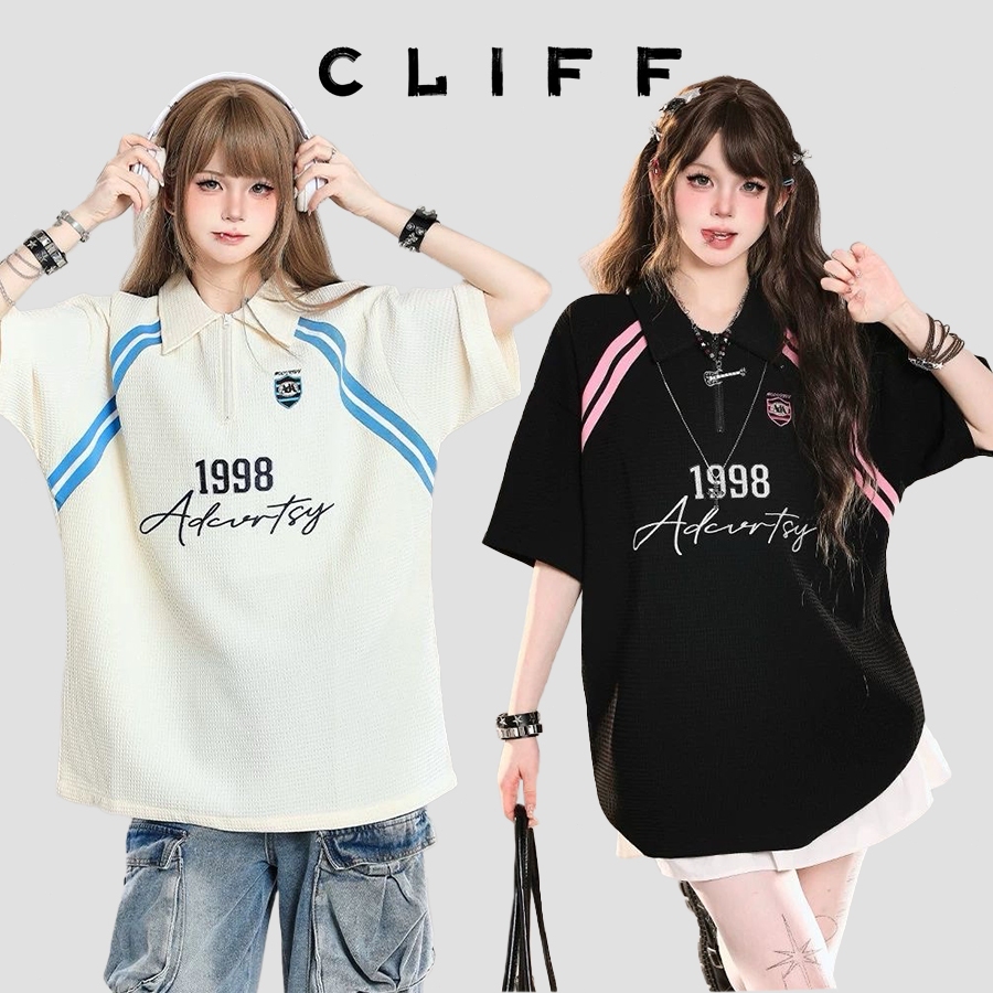 CLIFF เสื้อคู่รักผู้ชายผู้หญิง เสื้อโปโลแขนสั้น ลายวาฟเฟิล ซิปครึ่ง สไตล์อเมริกันอินเทรนด์ รุ่นใหม่ ใส่สบาย