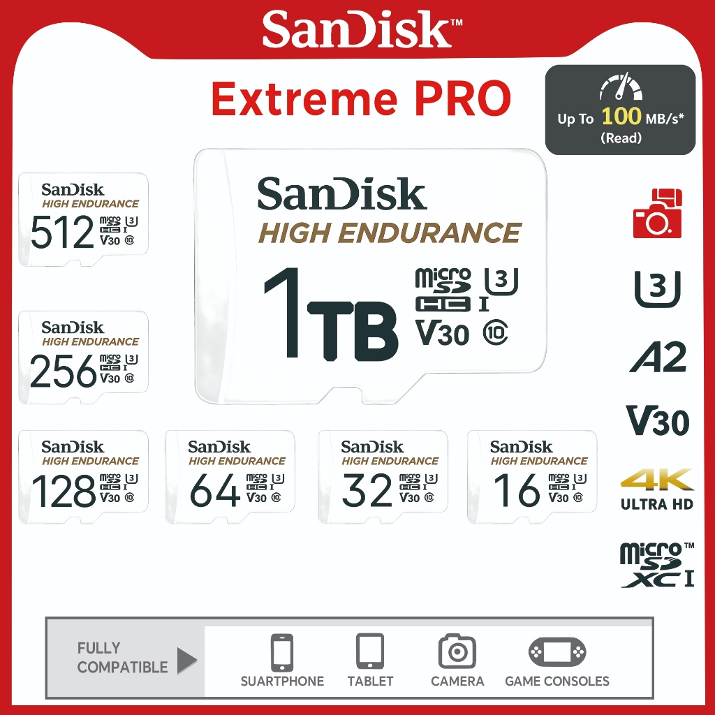 SanDisk Micro SDcard แท้ High Endurance 32GB/64GB/128GB/ (100MB) UHS-I Class10 U3 V30 Memory card เมม