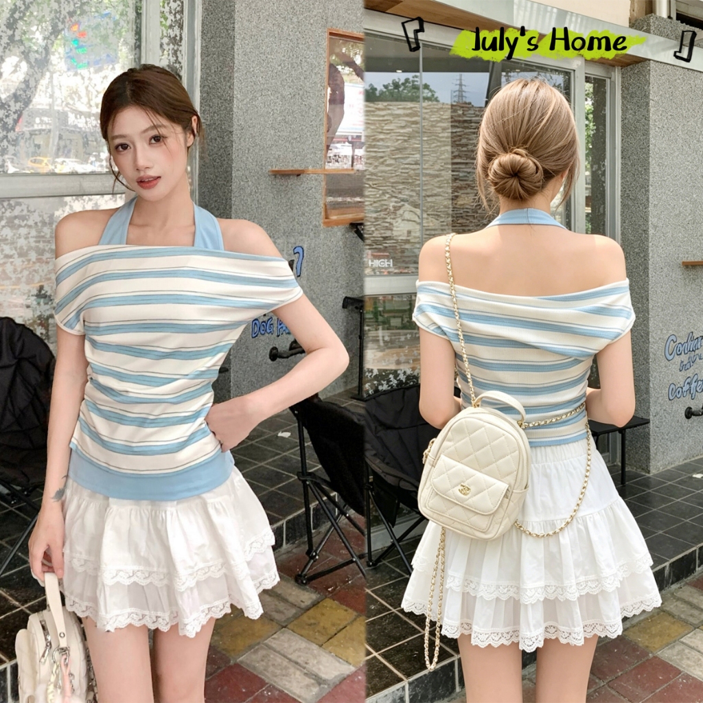 เสื้อลายทาง เสื้อแขนสั่น ใส่เที่ยวเก๋ๆ สไตล์เกาหลี สลับสี รัดรูป#J2441