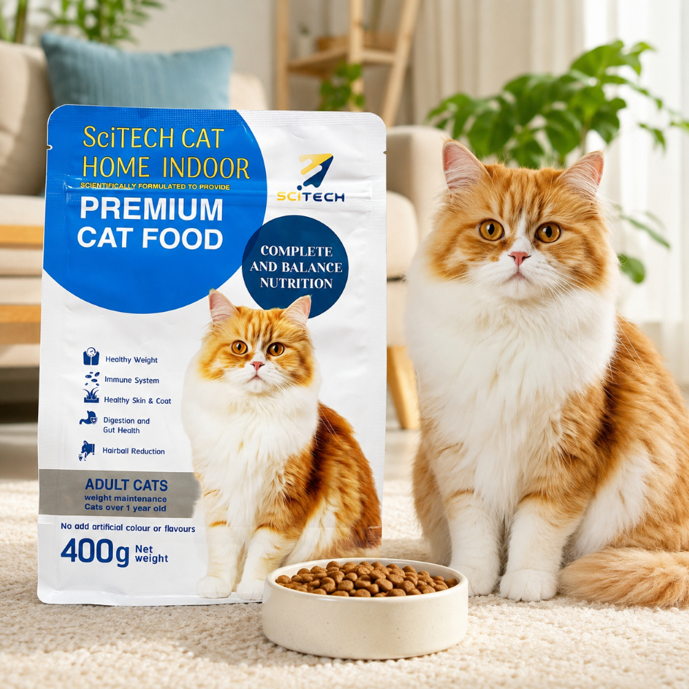 SciTECH CAT Home In Door 400g อาหารเม็ดแมวเกรดพรีเมี่ยม แบบเสริมโภชนาการสำหรับแมวที่เลี้ยงในพื้นที่ร่มในบ้าน