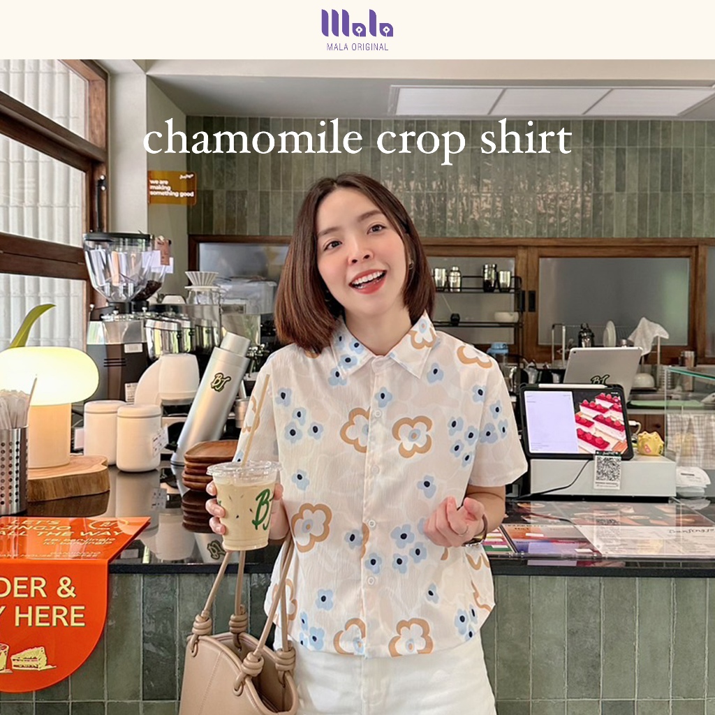 MalaOriginal | Chamomile Crop Shirt 🍵🍃 เสื้อเชิ้ตครอป แขนสั้น ไม่ต้องรีด ลายดอกไม้ น่ารัก
