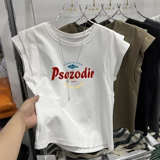 เสื้อยืดสวยๆผู้หญิงฤดูร้อนกําลังฮิตใหม่ล่าสุด oversize เสื้อผ้าสาวอวบแฟชั่น เสื้อแขนกุดสองชั้นไตล์เกาหลี สกรีนลายวินเทจ