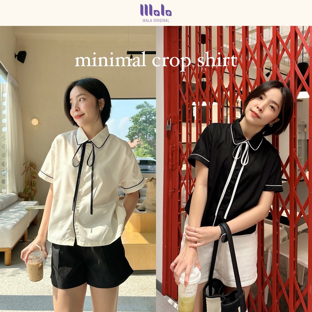 MalaOriginal | Minimal Crop Shirt 🍙 เสื้อเชิ้ตครอป แขนสั้น สีพื้น สไตล์มินิมอล มีริบบิ้นโบว์เพิ่มความคิ้วท์