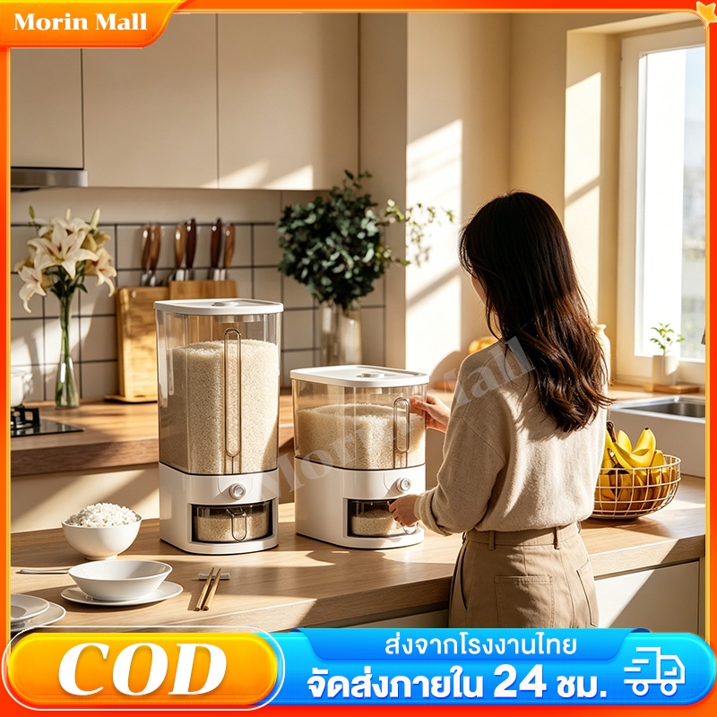 Morin Mall กล่องเก็บอาหารแห้ง ถังเก็บข้าวสาร ขนาด 5/10 กก. วัสดุปลอดภัย ไม่มีกลิ่น ป้องกันความชื้นและแมลงรบกวน ระบบกดจ่า