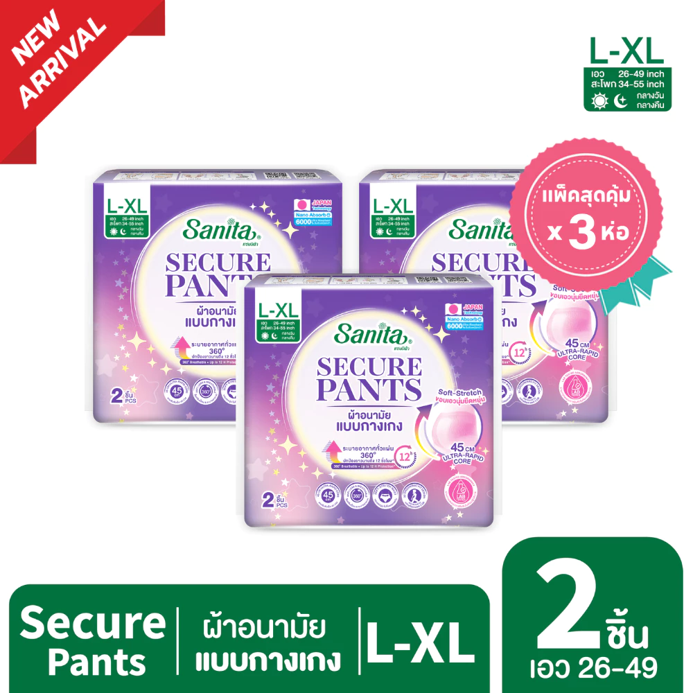 [แพ็ค X 3ห่อ] Sanita SecurePants / ผ้าอนามัยแบบกางเกง (ไซส์ L-XL : 26-49 นิ้ว) 2 ชิ้น / ห่อ