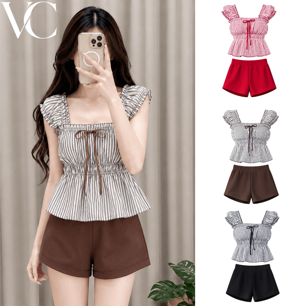 VC ชุดเซตเสื้อแขนตุ๊กตาลายทาง แต่งโบว์หวาน พร้อมกางเกงขาสั้นทรงบาร์บี้ ดูหุ่นเพรียว ใส่สบาย T04