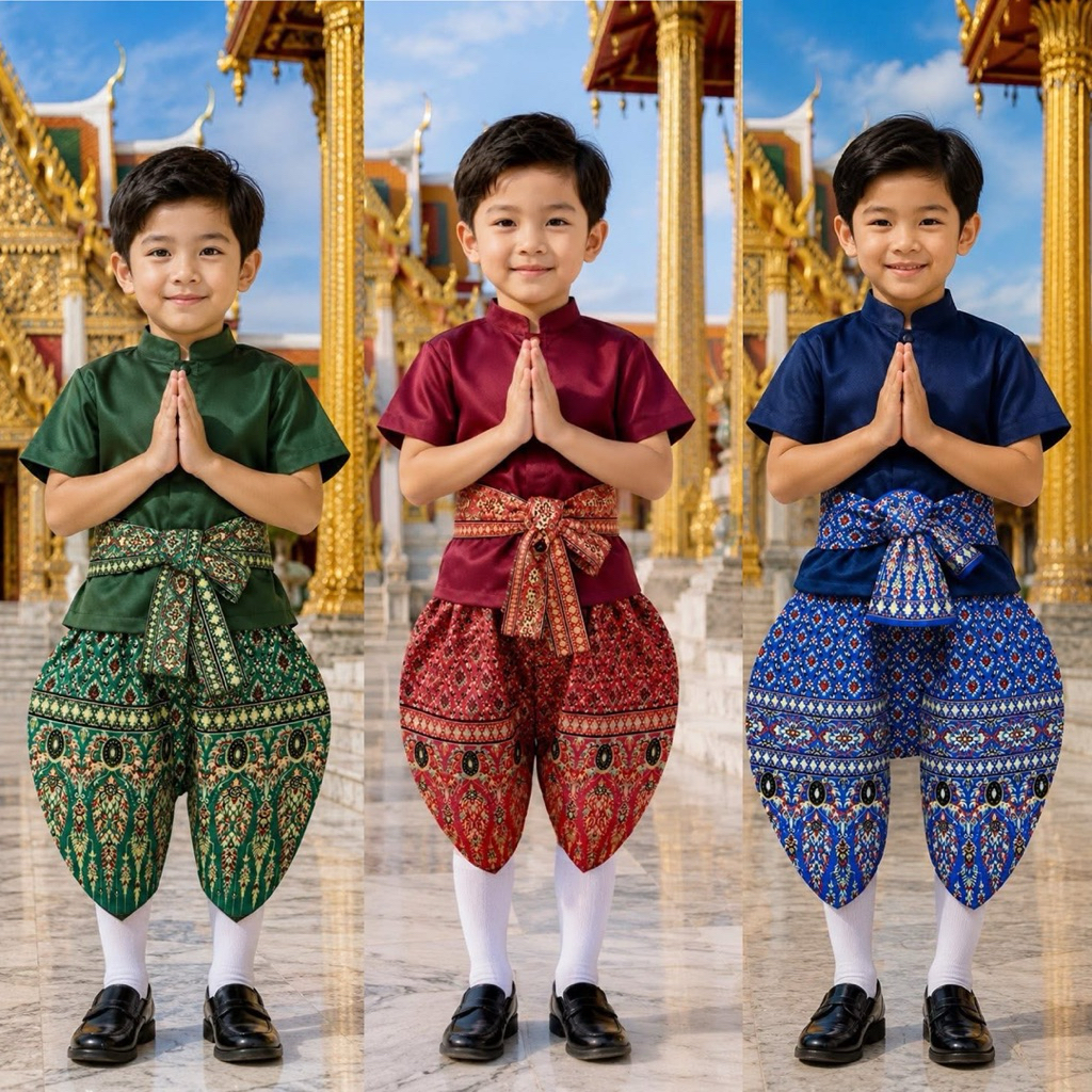 ชุดไทยเด็กชายท่านขุน(02)โจงกระเบนสีจริงอ่อนกว่าในรูป👕ผ้าซาติน แต่งกระดุมปั้ม