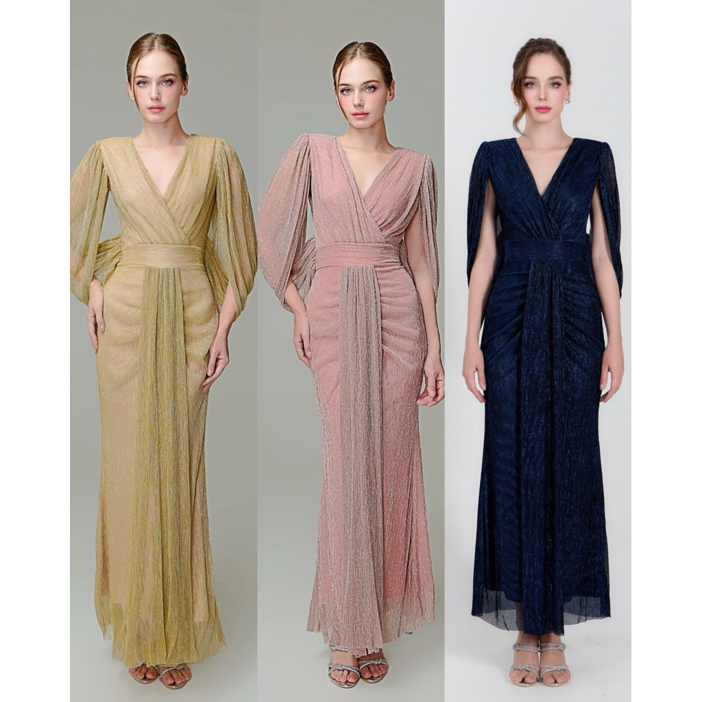 AI8 งานป้าย Luxe Dress ชุดเดรสยาวคอวีคลุมแขนแต่งผ้าปล่อยชาย สำหรับผู้หญิง เสื้อผ้าแฟชั่นผู้หญิง ไซส์ S-XL