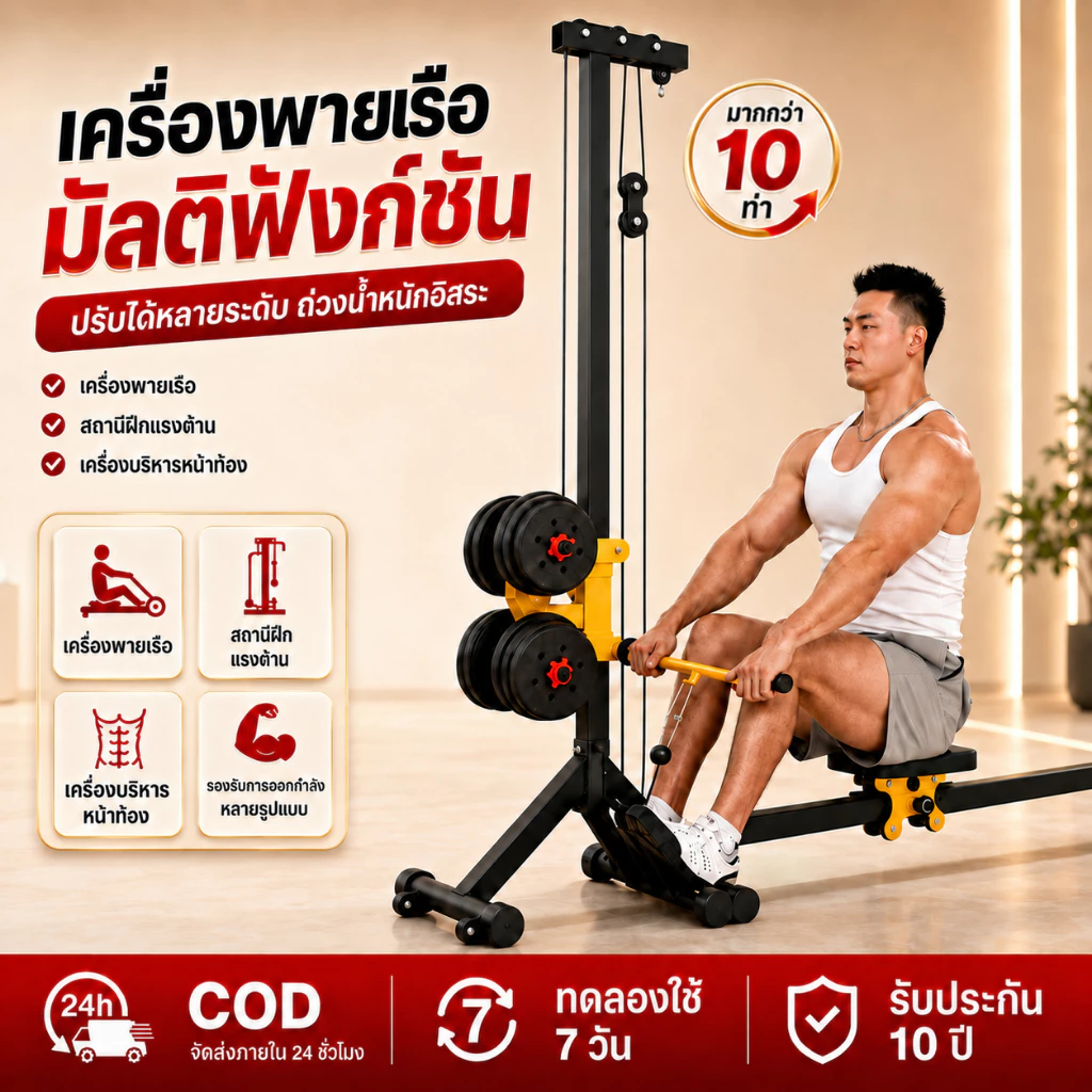 เครื่องออกกำลังกายพายเรือ+ดัมเบล 2in1 ออกกำลังกายแขน หลัง ท้อง ขา ได้ครบทุกส่วน เครื่องพายเรือ